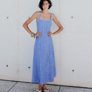 LINEN BLEND MIDI DRESS WITH LACE TRIM