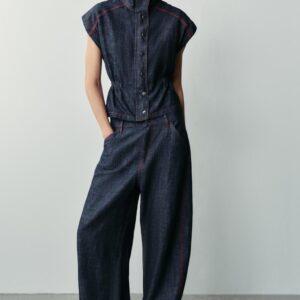 BARREL TROUSERS WITH LINEN BLEND AND CONTRAST STITCHING