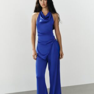 SATIN TOP WITH TIED BACK AND SATIN TROUSERS WITH DRAWSTRINGS - ELECTRIC BLUE
