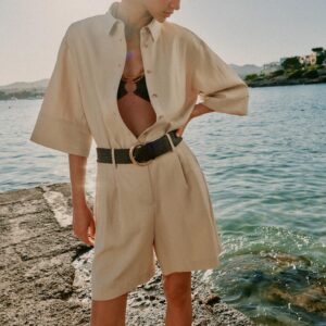 WIDE SLEEVE SHIRT AND BELTED BERMUDA SHORTS SET - BEIGE