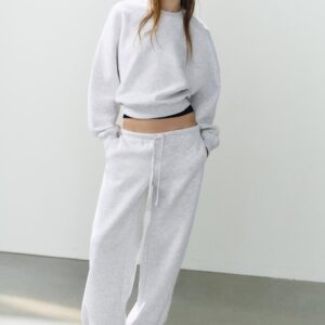 BASIC STRAIGHT-LEG PLUSH TROUSERS WITH ADJUSTABLE HEM - GREY MARL