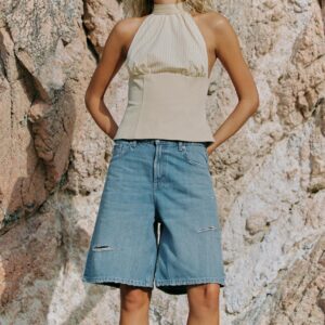 TRF MID-WAIST RIPPED BAGGY DENIM BERMUDA SHORTS