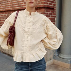 SUEDE EMBROIDERED FROG FASTENING BLOUSE