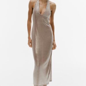 METALLIC EFFECT HALTER MIDI DRESS