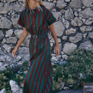 STRIPED BELTED MIDI SHIRT DRESS