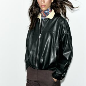 LEATHER EFFECT PUFFBALL BOMBER JACKET