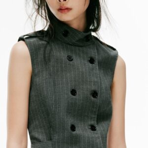 PINSTRIPE TOP WITH BUTTON AND TAB DETAILS