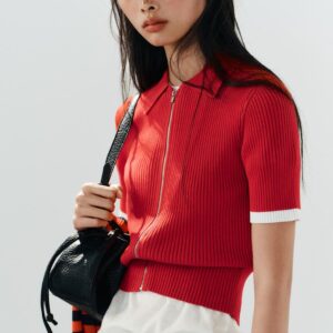 RIB KNIT SHORT SLEEVE POLO CARDIGAN