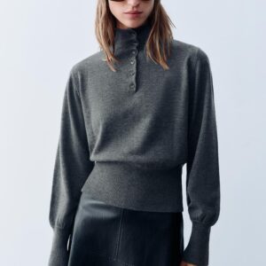 SUEDE KNIT JUMPER WITH HIGH NECK AND BUTTONS