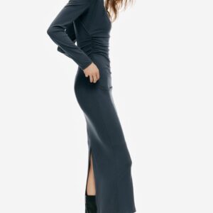 SHOULDER PAD DRAPED MIDI DRESS