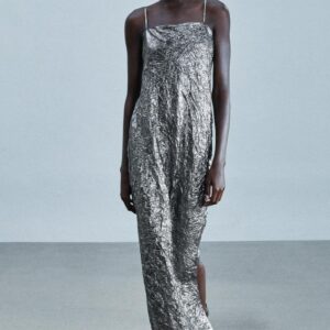 LONG CRINKLE-EFFECT METALLIC DRESS
