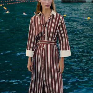 STRIPED BELTED MIDI SHIRT DRESS