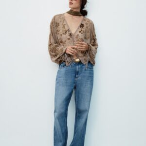 FLOCKED EMBROIDERED BLOUSE