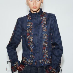 SUEDE PRINTED RUFFLE BLOUSE